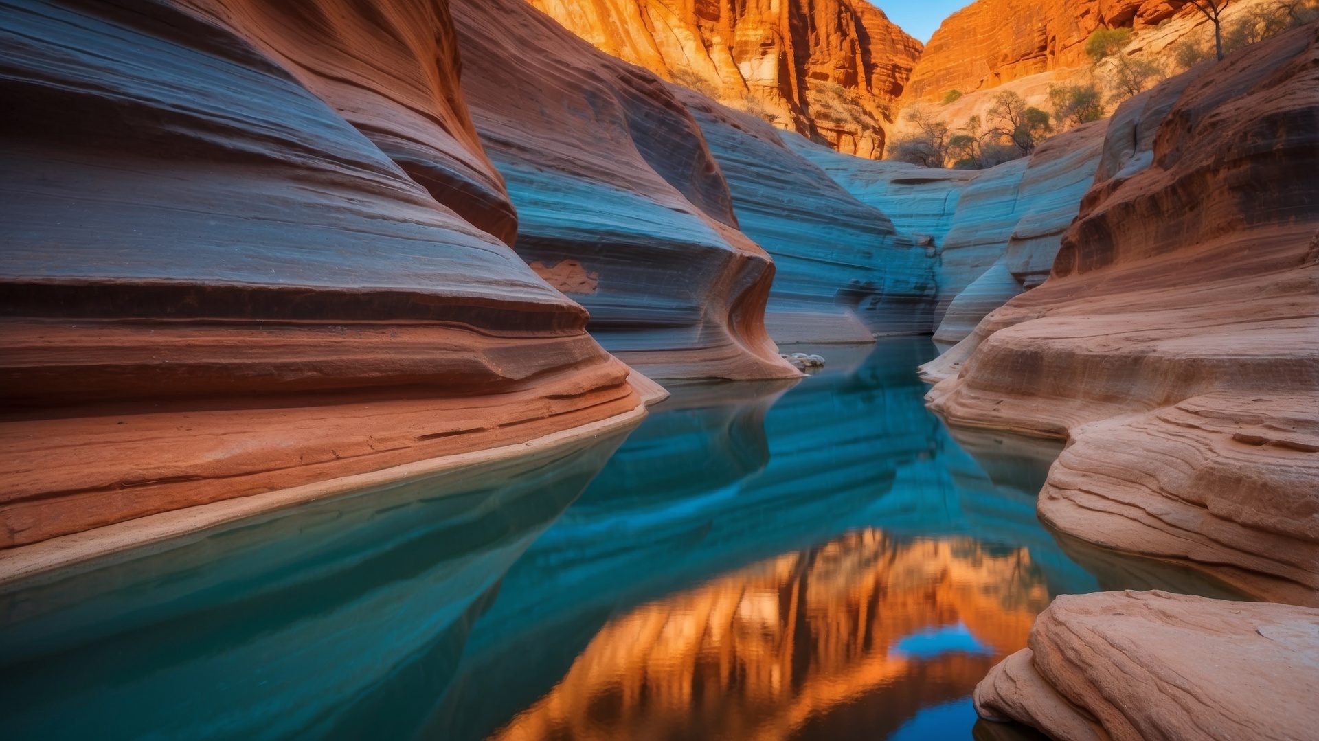A reflective canyon landscape in the Australian outback