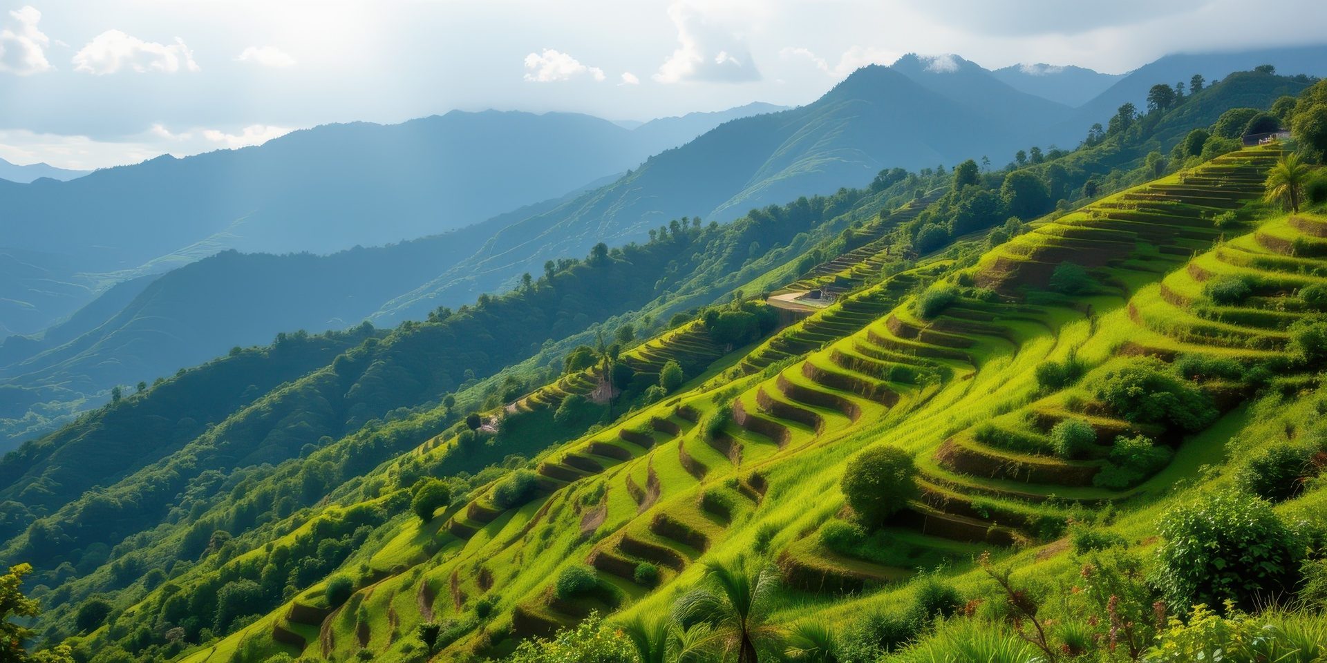 Steep rice terraces carved into a green Balinese hillside