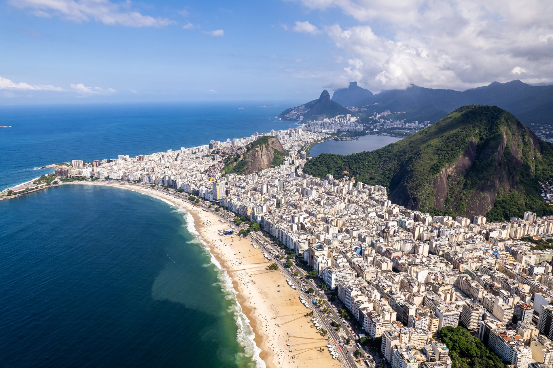 Copacabana beach curving below the hills of Rio