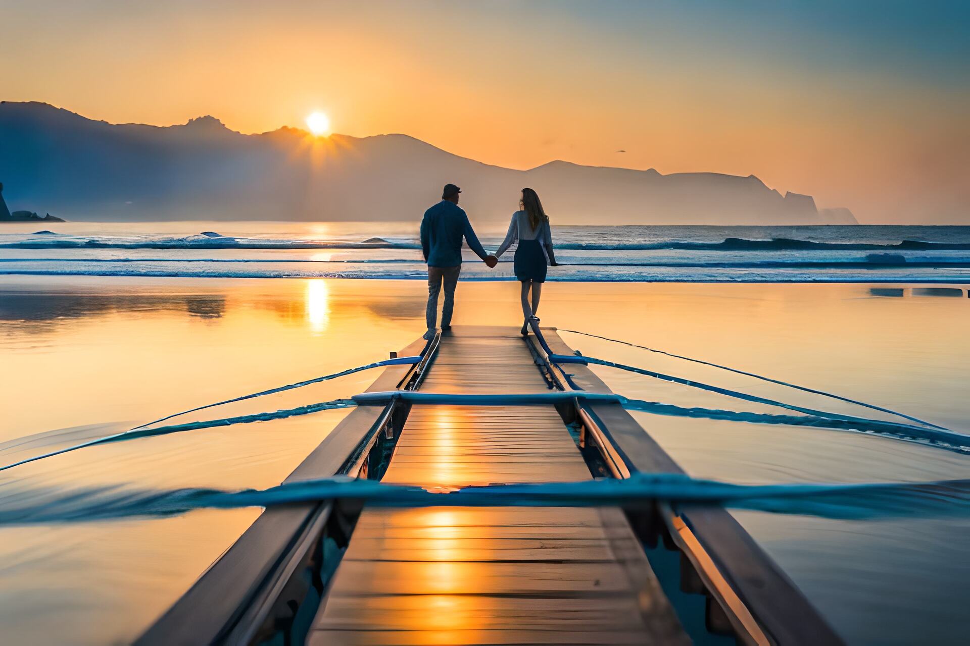 A couple walking hand in hand along a wooden pier