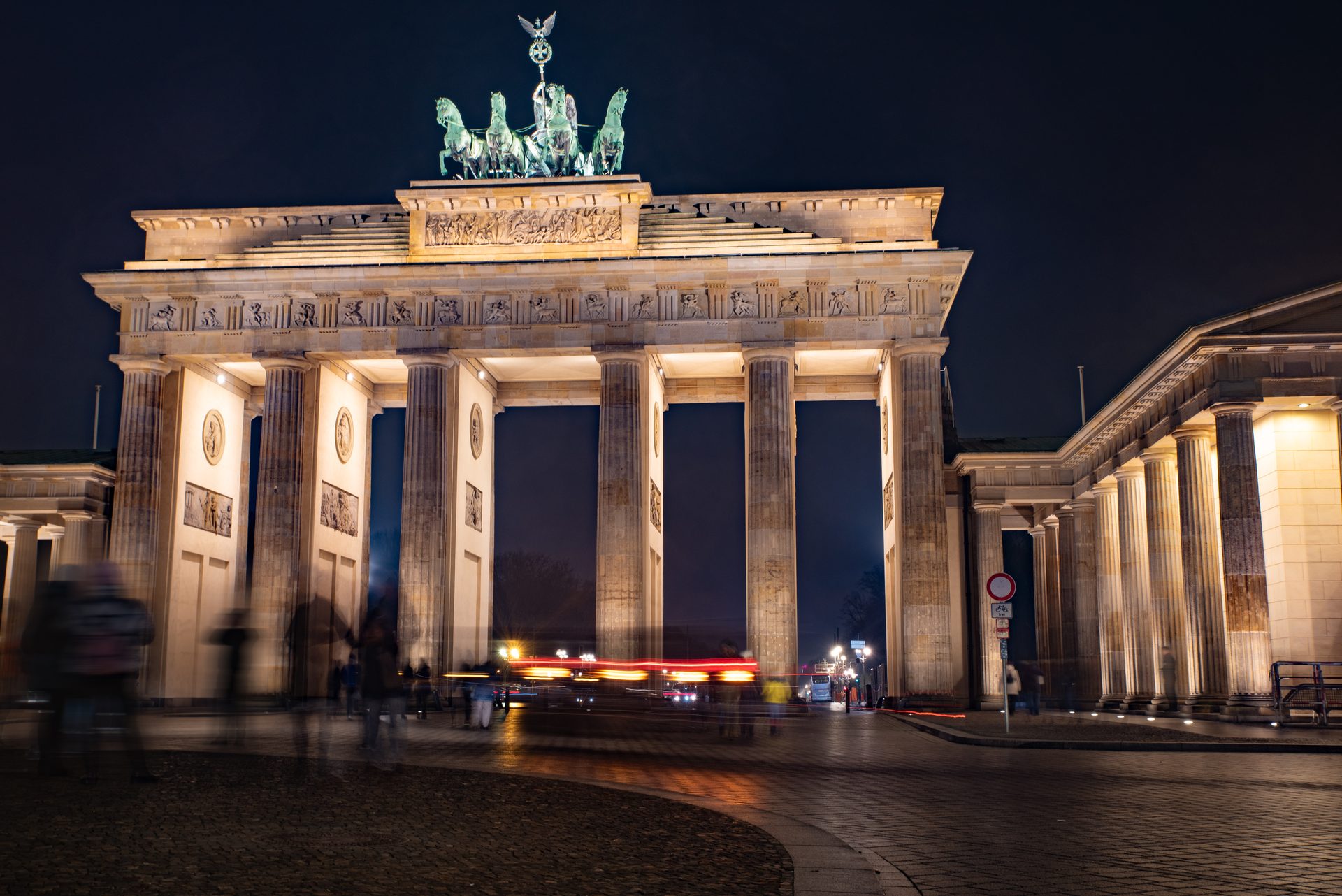 The Brandenburg Gate in Berlin, floodlit at night