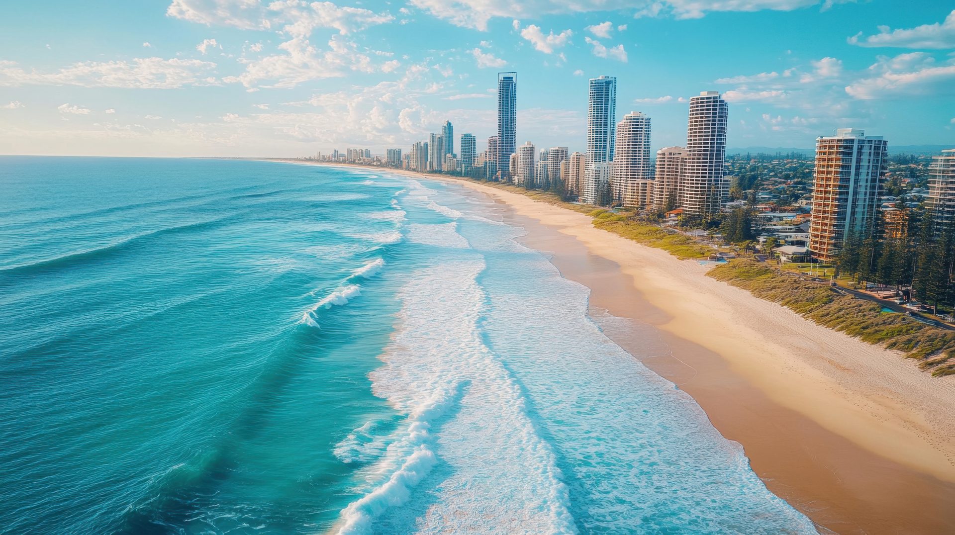 Waves meeting a city beach