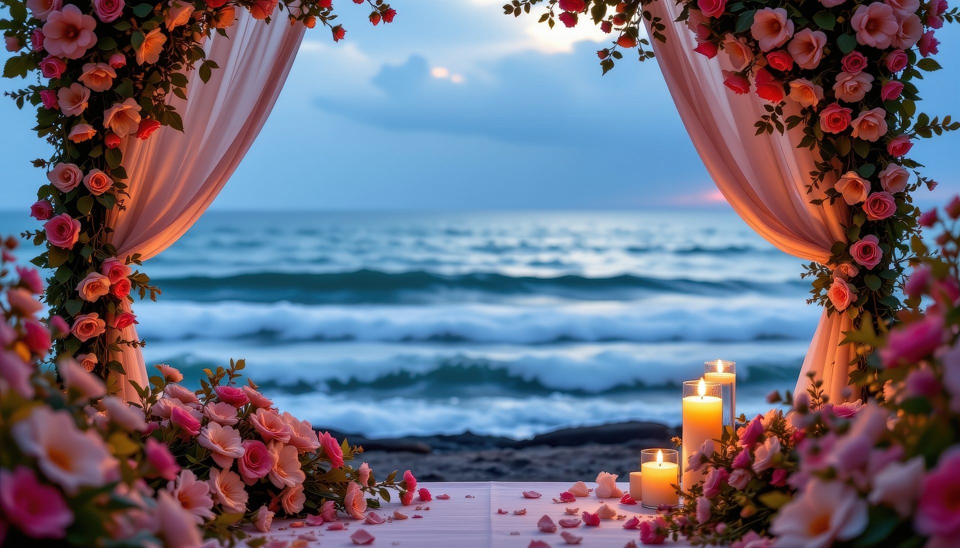 A candlelit table set facing the sea