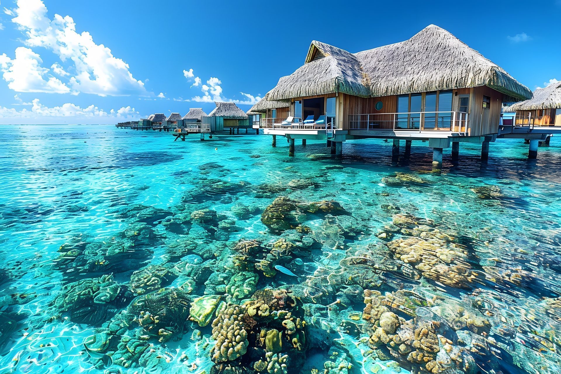 Overwater bungalows in a turquoise lagoon