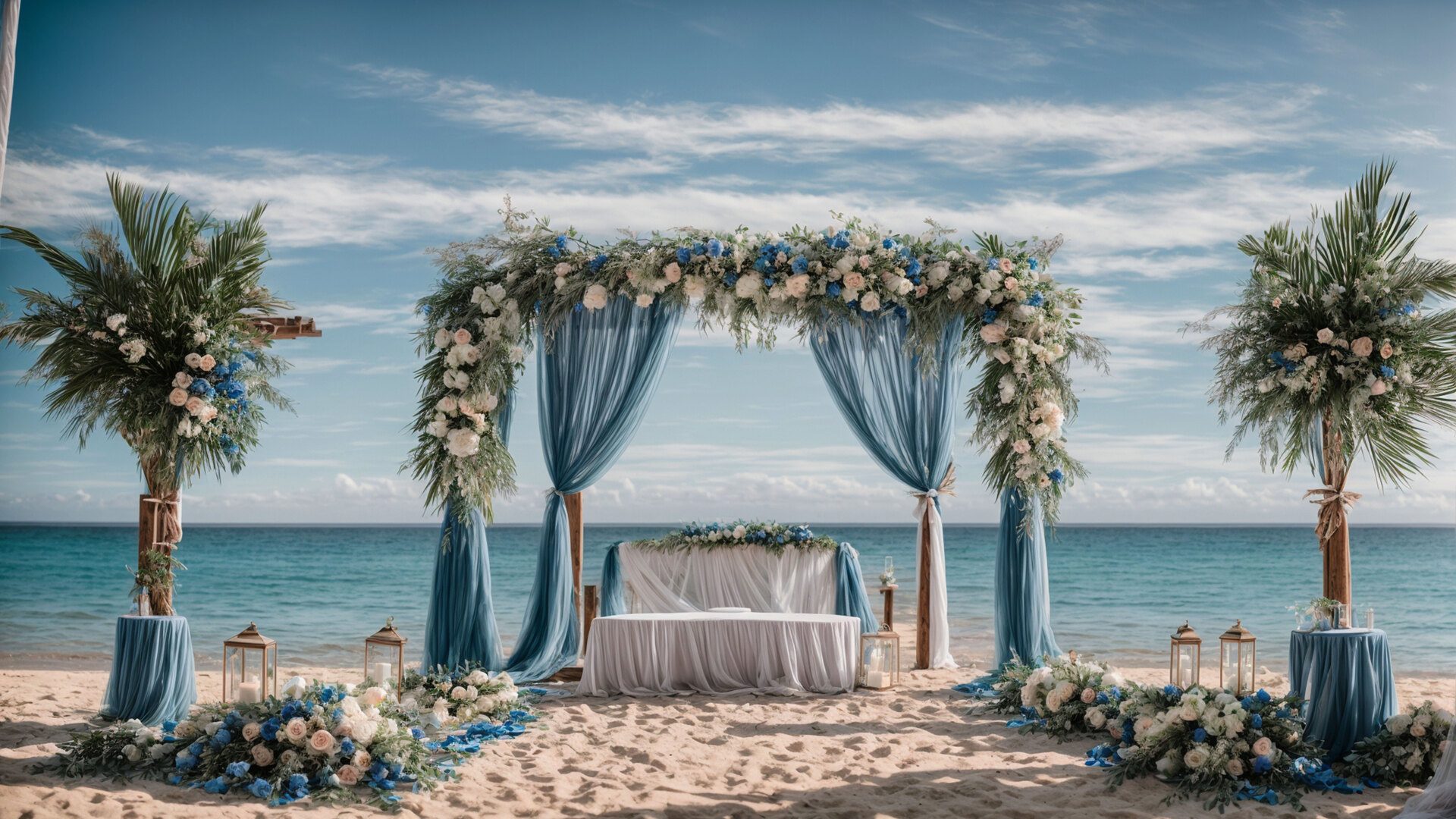A wedding arch set up on a beach at sunset