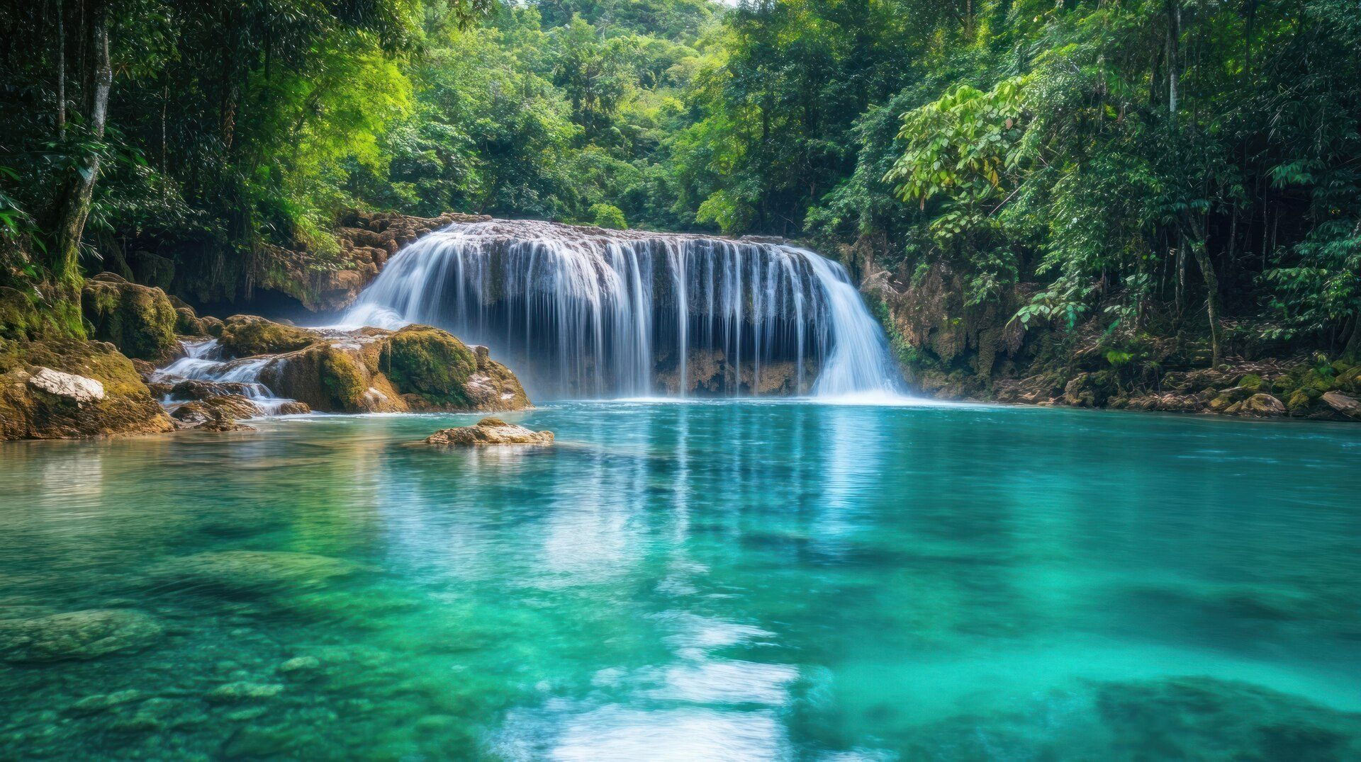 A waterfall dropping through tropical forest in Jamaica