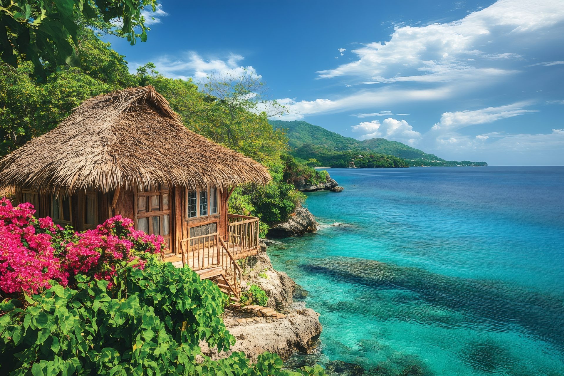 A tropical bungalow above a turquoise Jamaican bay