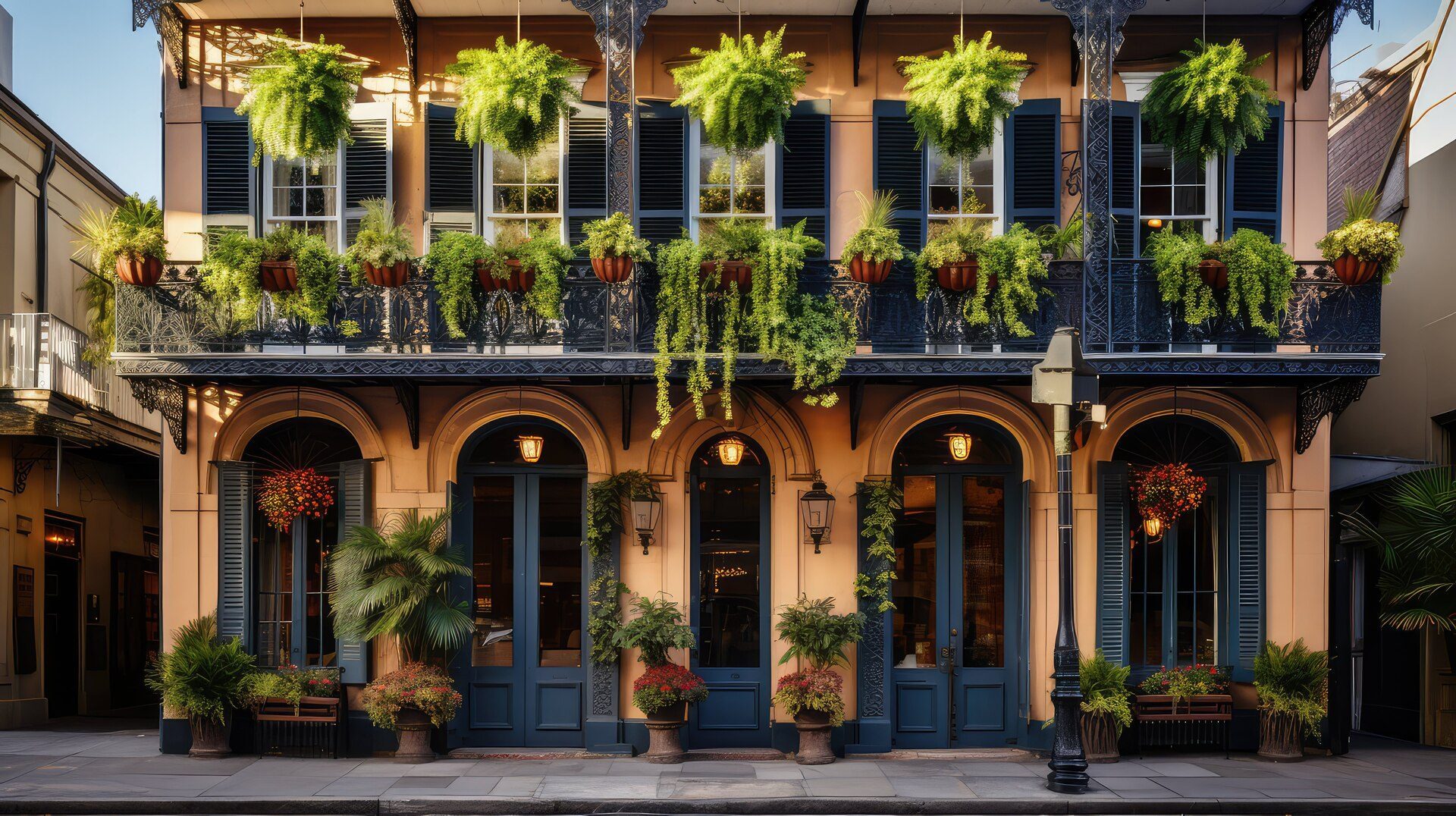 A French Quarter facade of wrought-iron galleries and hanging ferns