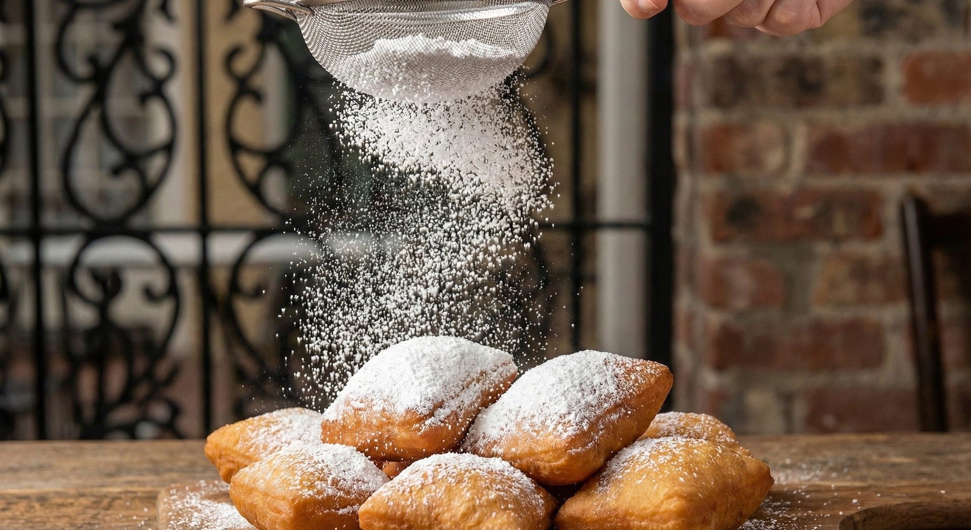 Fresh beignets under a heavy dusting of powdered sugar