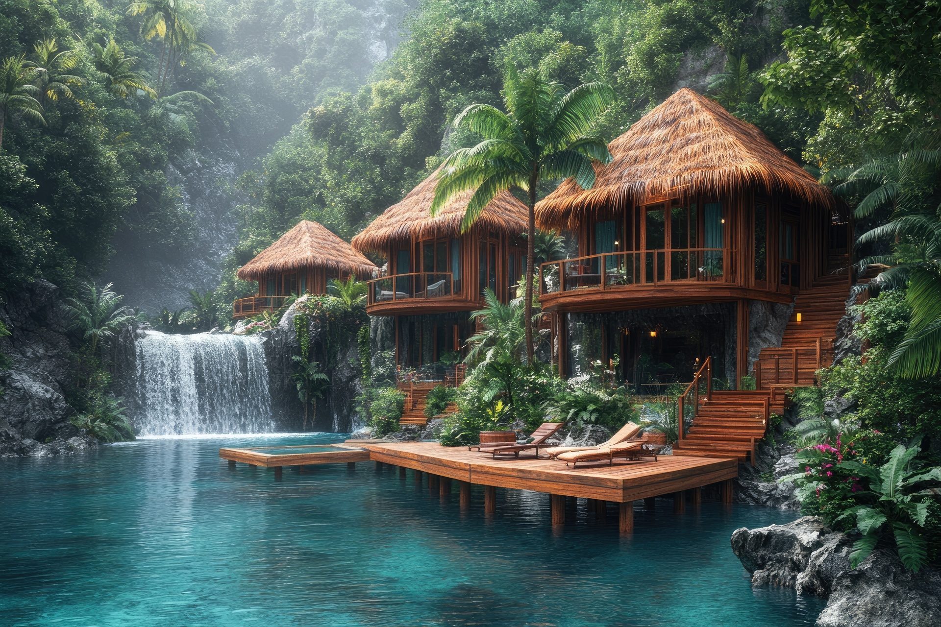 Villas beside a tropical waterfall